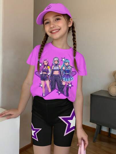 1 Set Tween Girls Casual K-POP Idol Anime Girl Group Graphic T-Shirt, Paired With Star Print Black Skinny Shorts, Stylish & Fashionable Summer Outfits