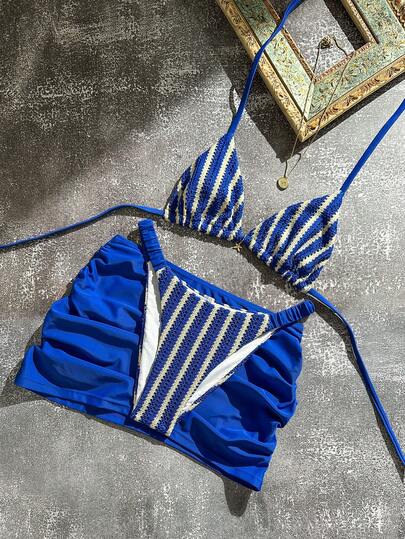 Swim Vcay 女士蓝白条纹提花面料星星吊坠装饰褶皱挂脖系带性感比基尼三件套泳衣，适合海滩和度假