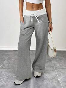 SHEIN PETITE 舒适休闲纯色针织低腰阔腿女式运动裤 - 灰色 - 查看 7