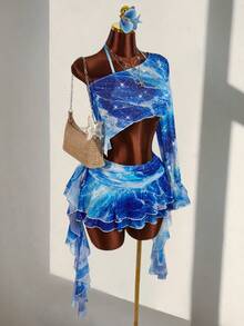 Amplova Women's Fashion Sexy Tie-Dye Print Rhinestone Asymmetric Super Short Halter Top & Mini Skirt 3-Piece Set - Blue - View 10