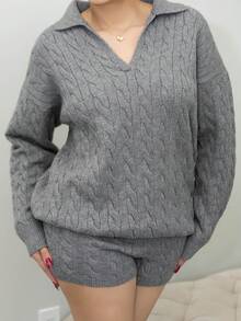 Melissa Matos 2件套女士宽松休闲灰色毛衣，秋冬 - 深灰色 - 查看 6