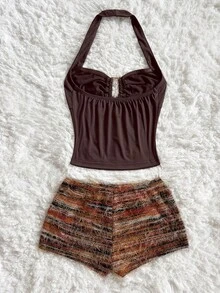 Soleia Abito elegante boho tropicale di grandi dimensioni, adatto per primavera/estate, vacanze, matrimoni, lauree, feste di San Patrizio, vacanze di primavera, festival musicali, appuntamenti, shopping, composto da un set a maglia marrone strutturato da 2 pezzi per donna - Castano - Visualizzare 2