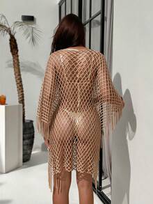 Zestiva 女士彩色渐变高开衩飘逸流苏网纱性感和服罩衫，适合海滩度假、春夏秋季穿着 - 金色 - 查看 5