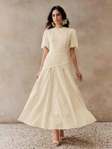 Anewsta Elegant Floral Trim Round Neck Waist Cinched Short Sleeve Dress For Women - Apricot - View 6