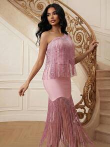 Anewsta 女士新款性感莲花粉色流苏单肩上衣，优雅精致，适合宴会、派对、生日、舞会等场合。 - 藕粉色 - 查看 5