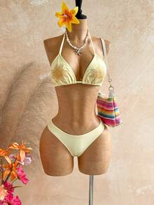 Soleia Women's Summer Vacation Beach Light Yellow Sun Embroidery Halter Bikini 3 Pieces Set - Yellow - View 3