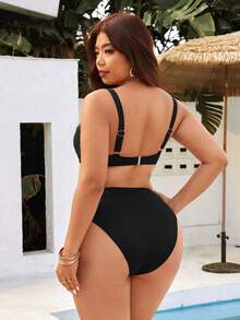 Swim Vcay Plus Size Women's Solid Color Summer Beach Bikini And Triangle Panty Swimwear Set - Black - View 2
