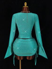 Amplova Women's Sexy 2 Pieces Set, Suitable For Party, Long Sleeve Top With Bra Cup And Mini Skirt, Autumn/Winter - Blue - View 2