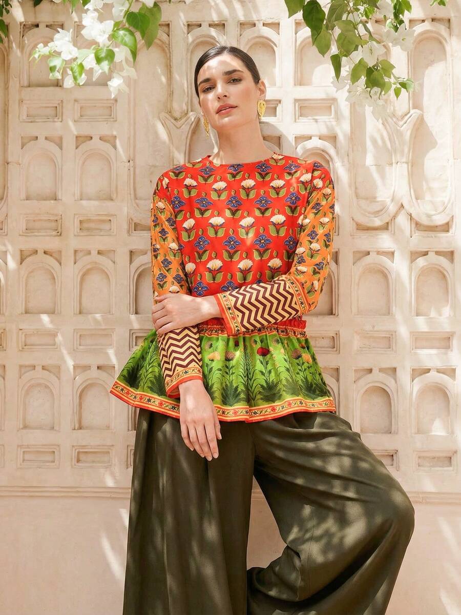 LOTSLUV 女士优雅橙绿花卉图案圆领长袖宽松衬衫，腰部荷叶边装饰，春夏款，女士衬衫，精美女士衬衫，新款女士衬衫，优雅女士衬衫，时尚女士衬衫，女士长袖衬衫 - 亮橙色 - 查看 1