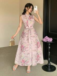 DAZY Women's Blush Pink Elegant Floral Print Mid-Length Dress,Summer Boho Sun Dresses For Date Night,Vacation Outfit,Festive Casual Sleeveless Belted Dress - Pink - View 7
