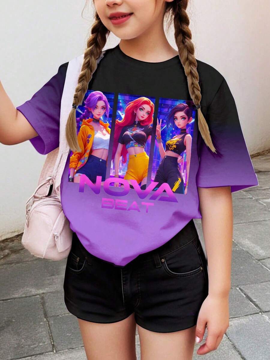 SHEIN 少女紫色渐变夜幕黑,韩式卡通,K-Pop,简约宽松落肩T恤,适合春夏穿着,可爱夏日单品,夏季外出必备,韩式风格,返校季,轻松舒适又时尚,春夏休闲装,童装及印花上衣,夏季新款,春夏时尚 - 彩色 - 查看 1