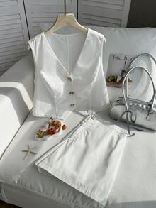Comfortcana Plus Size Women Metal Starfish Button Vest And Shorts Casual Suit Set - White - View 4
