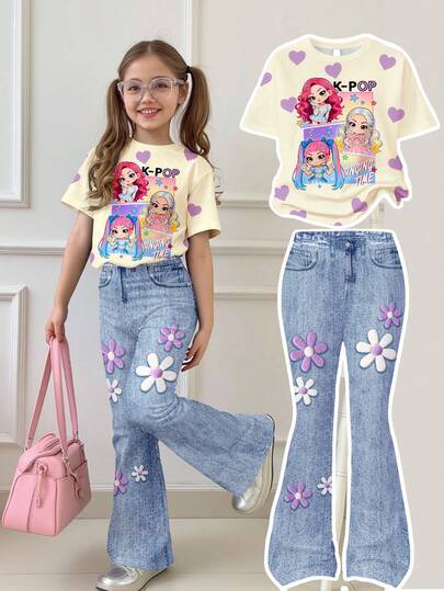 Conjunto de camiseta de manga corta de cuello redondo holgada y pantalones acampanados con estampado de retrato de chica de K-POP y corazón, adecuado para uso diario en primavera/verano, estilo callejero, salidas, vacaciones, para niñas preadolescentes