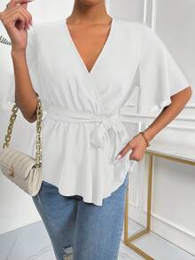 EMERY ROSE Solid Wrap Belted V-Neck Blouse Peplum Top - White - View 6