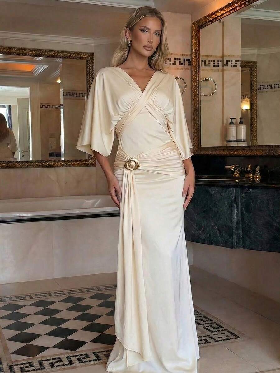 Lumalex 女士优雅黄色扭结设计金属装饰短袖修身喇叭连衣裙，春夏款