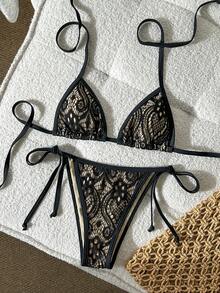 Swim SXY 女士春夏提花面料挂脖比基尼套装 - 黑色 - 查看 3