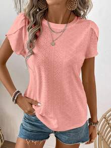 SHEIN LUNE 女士纯色休闲圆领花瓣短袖 T 恤 - 珊瑚橙 - 查看 5