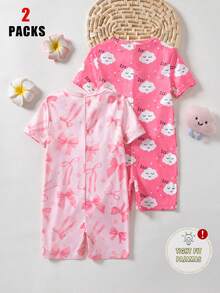 Young Girl's Spring/Summer Knit Round Neck Short Sleeve Romper With Bow, Cloud & Face Print, Front Zipper, 2pcs Casual Tight-Fitting Loungewear Set - Multicolor - View 2