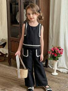 LMoss Kids 两件套少女纯色圆领吊带背心和宽松休闲裤套装 - 黑色 - 查看 5