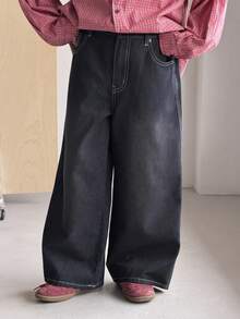 DAZY Quần jeans ống đứng dáng rộng cho bé trai tuổi teen, phong cách đường phố thường ngày cho mùa thu. - Rửa tối - Xem 5