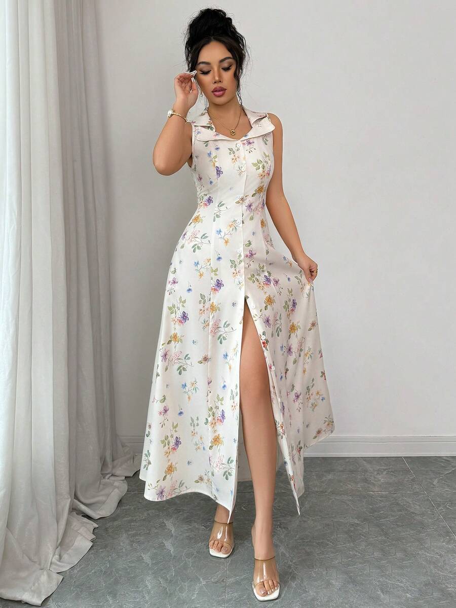 Elenzga 女士优雅度假碎花翻领开襟A字连衣裙，春夏款 - 彩色 - 查看 1