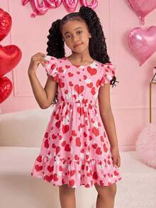 SHEIN Tween Girl Pink Summer Cute Birthday Y2K Heart Print Backless Bow Tie Chiffon Flutter Sleeve Dress,Valentine's Day Mother-Daughter Matching Vacation - Baby Pink - View 7