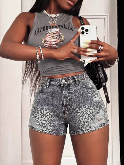 Slaydiva Women's Leopard Print Pocket Ripped Denim Shorts
