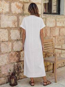 Faunlyn Women's Solid Color V-Neck Short Sleeve Casual Pocket Midi Dress - White - View 2