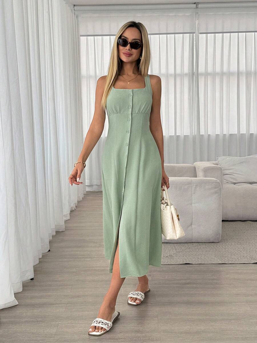 Easowa Summer Casual Green Front Button Sleeveless Dress Womens Button Front Square Neck Sleeveless Midi Dress Elegant Summer Solid Color A Line Dress With Slit Casual Vacation Outfit Chic Women's Sage Green Sleeveless Button Front Midi Dress With Square Neck And Slit For Summer Outings And Daily Wear Summer Dress  Easter Dress Women Beach Dresses Vacation Outfits Women - Pastel Green - View 1