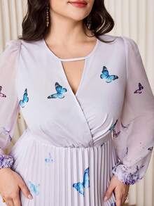 Modelyn Plus Size Elegant Party Floral & Butterfly Print Pleated Dress - Multicolor - View 4