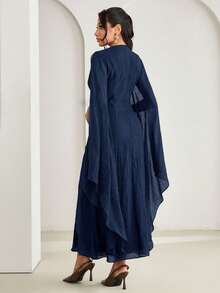 Veilorie New Design Asymmetrical Long Sleeve Waist Ruched Twist Metal Buckle Decor Elegant Lightweight Flowy Cocktail Dress - Navy Blue - View 8