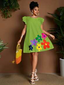 Maweii 女士黑色卡通印花A字圆领喇叭袖休闲度假连衣裙，简约日常穿搭，新品上市，时尚小众设计，大码及膝款 - 綠色 - 查看 5