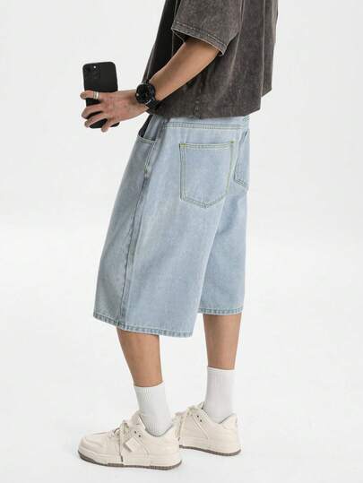 Manfinity Hypemode 男士浅蓝色水洗宽松休闲牛仔短裤