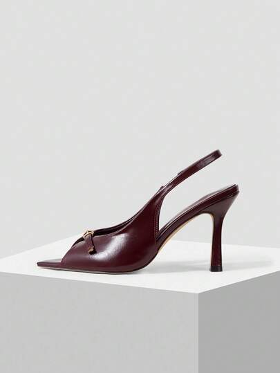 Mnmlis Damen Vintage Burgund Offene Stiletto Sandalen, Metallschnalle Rückseite Dreifach Temperament Spitze Absätze