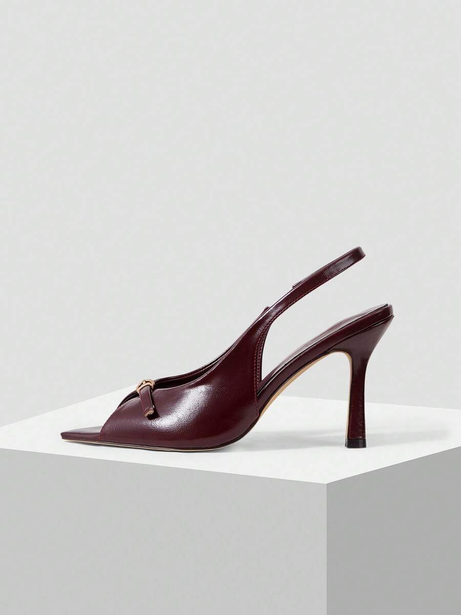 Mnmlis 女士复古酒红色露趾细高跟凉鞋，金属搭扣后跟，三重气质尖头鞋跟 - 酒紅色 - 查看 1