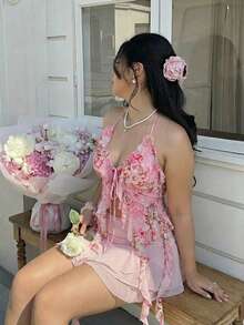 SHEIN MOD Áo quây hở lưng, họa tiết hoa, viền bèo nhún, cỡ lớn - Hồng - Xem 6