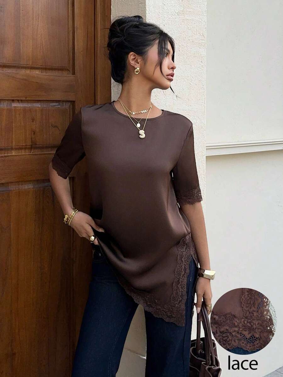 Siren Gaze Áo thun ngắn tay màu nâu satin phối ren dành cho nữ