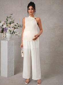 SHEIN SHEI Pregnant Women's Elegant Silky White Summer Maternity Top,Ruffle Shoulder Button Decor Fitted Outfits For Baby Shower,Pregnancy Photoshoot - Apricot - View 8