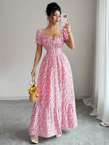 Elenzga 新款女士数码印花泡泡袖系带露背收腰连衣裙，优雅迷人，适合度假、约会等场合，尽显精致气质。 - 粉色 - 查看 5