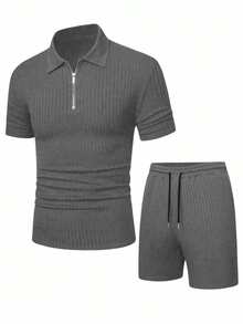 Manfinity RSRT 男士纯色短袖拉链 Polo 衫和短裤两件套休闲套装 - 灰色 - 查看 4