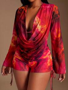 Radiana 大码女士性感透明网纱大理石扎染印花三件套夏季度假套装：长袖垂褶深V领罩衫+吊带文胸上衣+抽绳腰短裤，适合海岛度假、海滩、比基尼罩衫。 - 玫紅色 - 查看 3