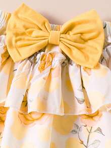 Souflis Souflis Conjunto de 3 piezas para bebé niña: Mono de manga corta dulce y lindo, vestido con estampado floral y lazo, y diadema, para verano - Mostaza Amarilla - Ver 6