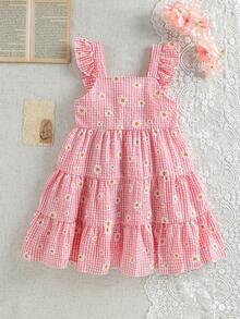 4-7岁女童夏季雏菊印花泡泡格纹连衣裙，A字廓形，适合度假穿着 - 粉色 - 查看 4