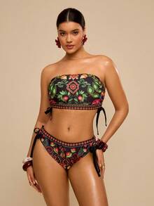 Travachic Plus Size Vacation Beach Plant Print Swimwear Set - Multicolor - View 6