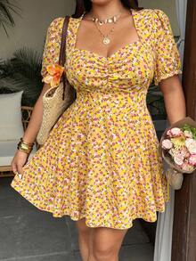 Sunnyshic Đầm mini dáng ôm eo họa tiết hoa, cổ tim, tay ngắn, cỡ lớn, thích hợp cho kỳ nghỉ. - Nhiều màu - Xem 5