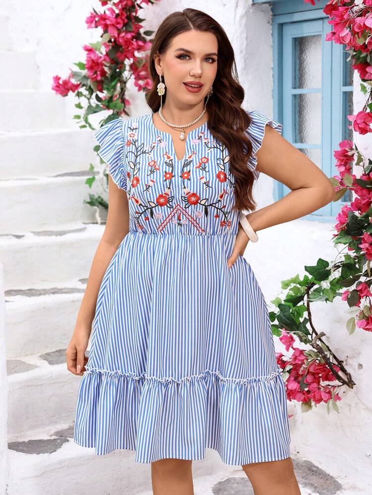 Plus Size Women Summer Vacation Elegant Casual  Blue & White Striped Floral Embroidered Dress,Summer Vacation,Casual Holiday Style,Summer Outfits For Women ,Vacation Outfits Women ,Holiday Outfits For Women,Going Out Outfits,New Clothes,Simple And Fashionable For Everyday Wear,Suitable For Summer, Vacation, Daily Wear, Festival Outfits For Women,Country Concert Outfit,Beach Outfits For Women,Western Style,Flowy Dress,Gifts For Mother,Boho Dress