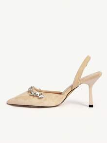 CUCCOO CHICEST Women's Pointed Toe High Heel Shoes, Apricot Faux Suede, Rhinestone Decor, Comfortable & Elegant Slip-On Pumps, Suitable For Bride, Wedding, Party, Formal Occasions - Khaki - View 5