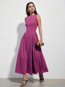 Aveloria Modichic 极简主义无袖圆领连衣裙，腰部褶裥设计，莫兰迪紫色，优雅百搭，适合通勤、约会和聚会。 - 紫色 - 查看 1