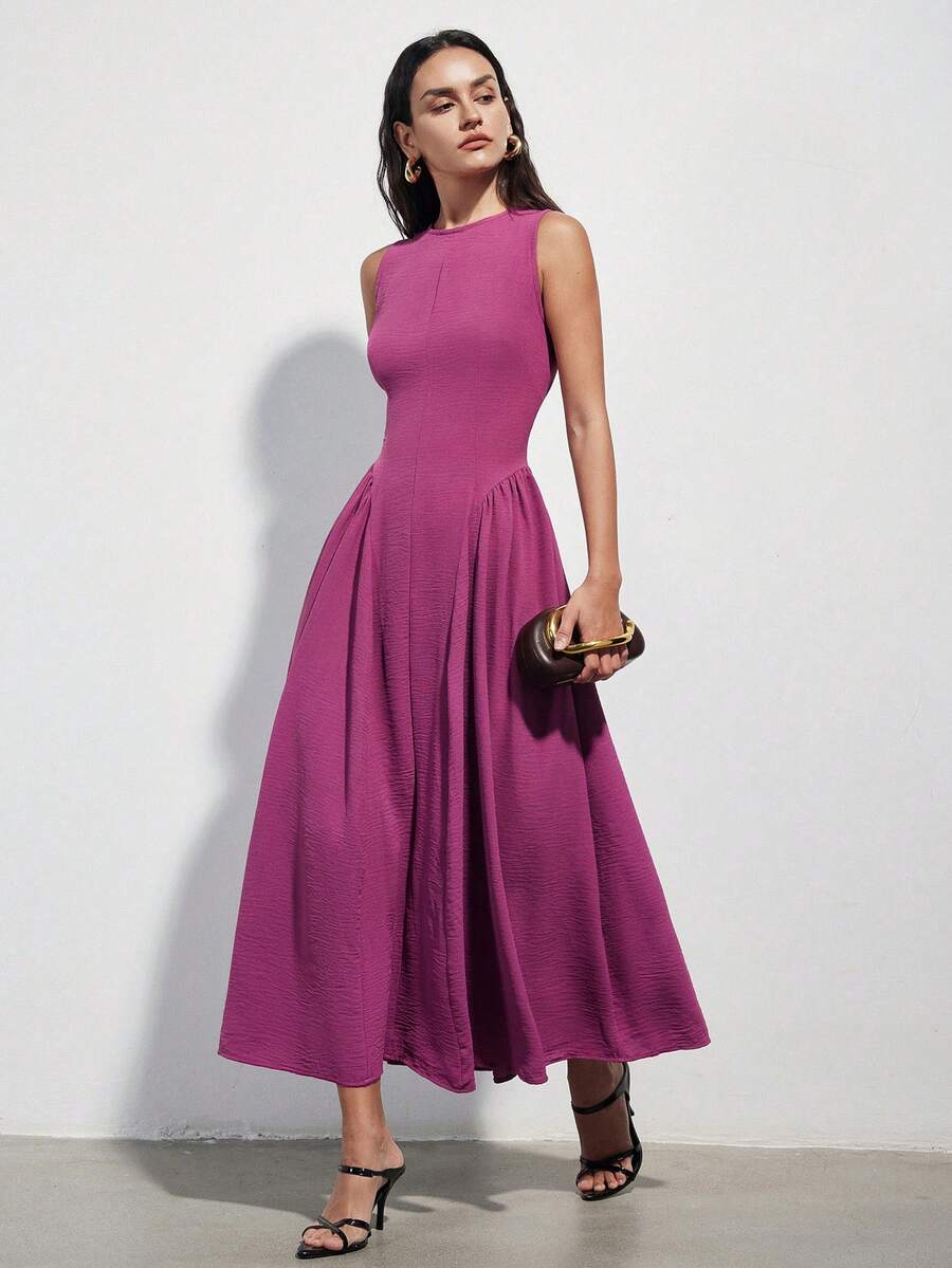 Aveloria Modichic 极简主义无袖圆领连衣裙，腰部褶裥设计，莫兰迪紫色，优雅百搭，适合通勤、约会和聚会。 - 紫色 - 查看 1