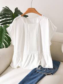 CosyJoli 大码夏季休闲纯色蕾丝边衬衫 - 白色 - 查看 5